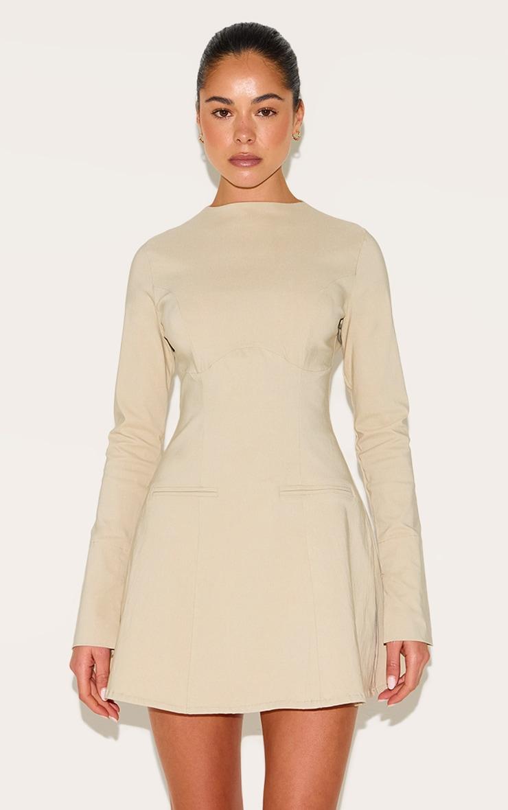 Beige Woven Boat Neck Flare Sleeve Shift Dress Product Image
