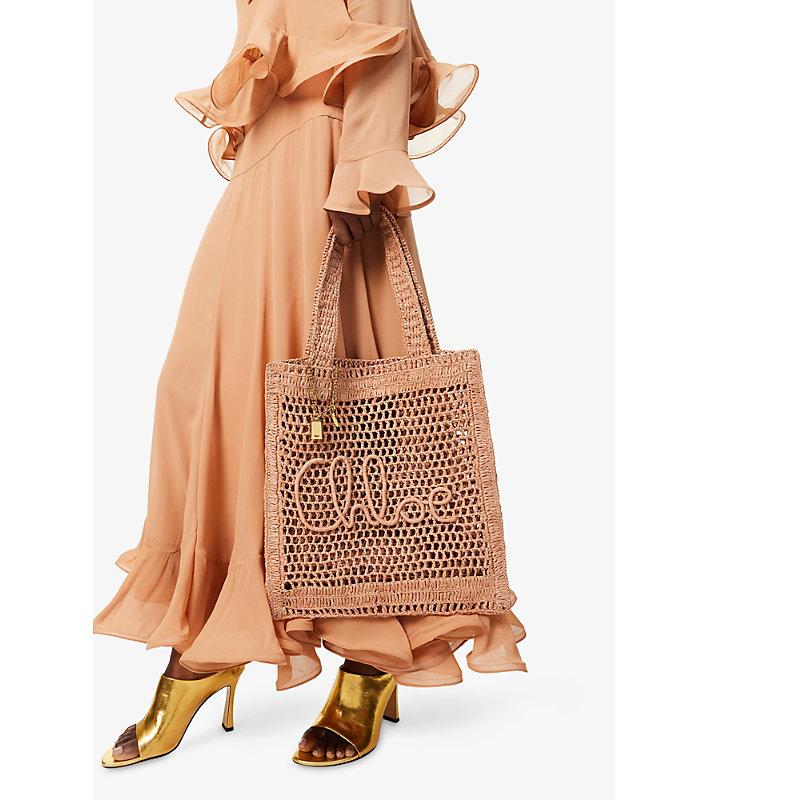 CHLOÉ Summer Banana Embellished Crocheted Embroidered Faux Raffia Tote In Beige Product Image