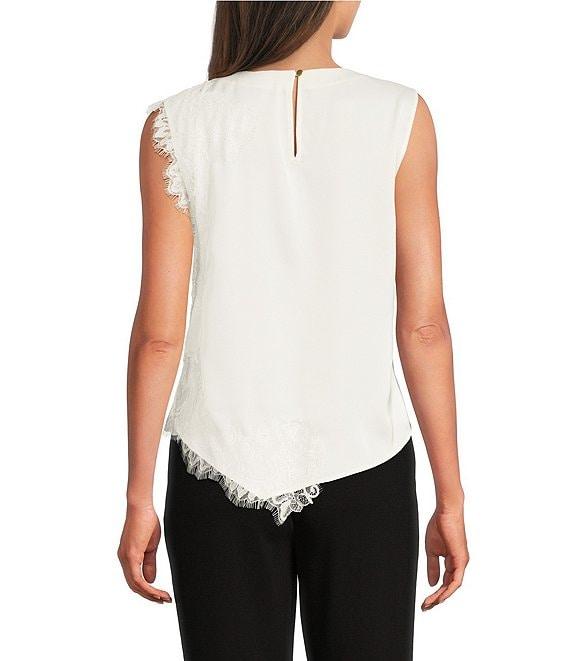 Donna Karan Satin Back Crepe Crew Neck Sleeveless Asymmetric Lace Trimmed Blouse Product Image