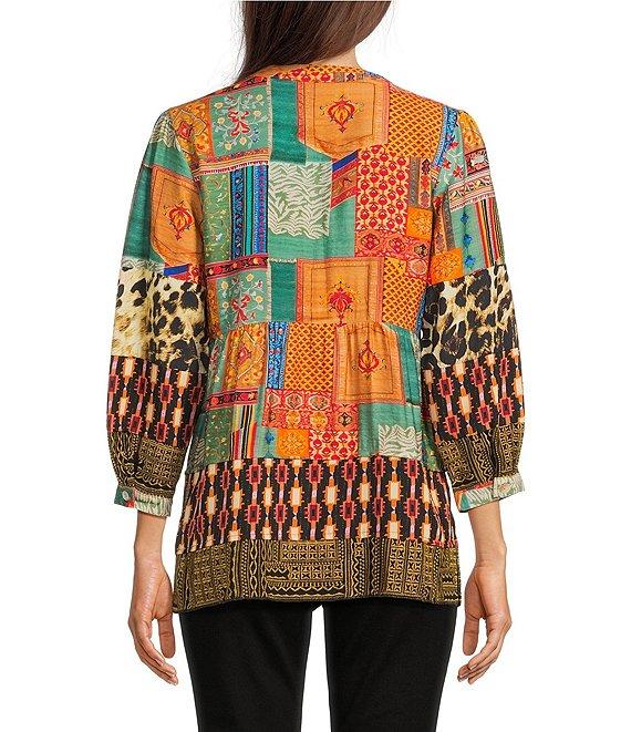Calessa Petite Size Embroidered Patchwork Split V-Neck 3/4 Sleeve Tunic Product Image