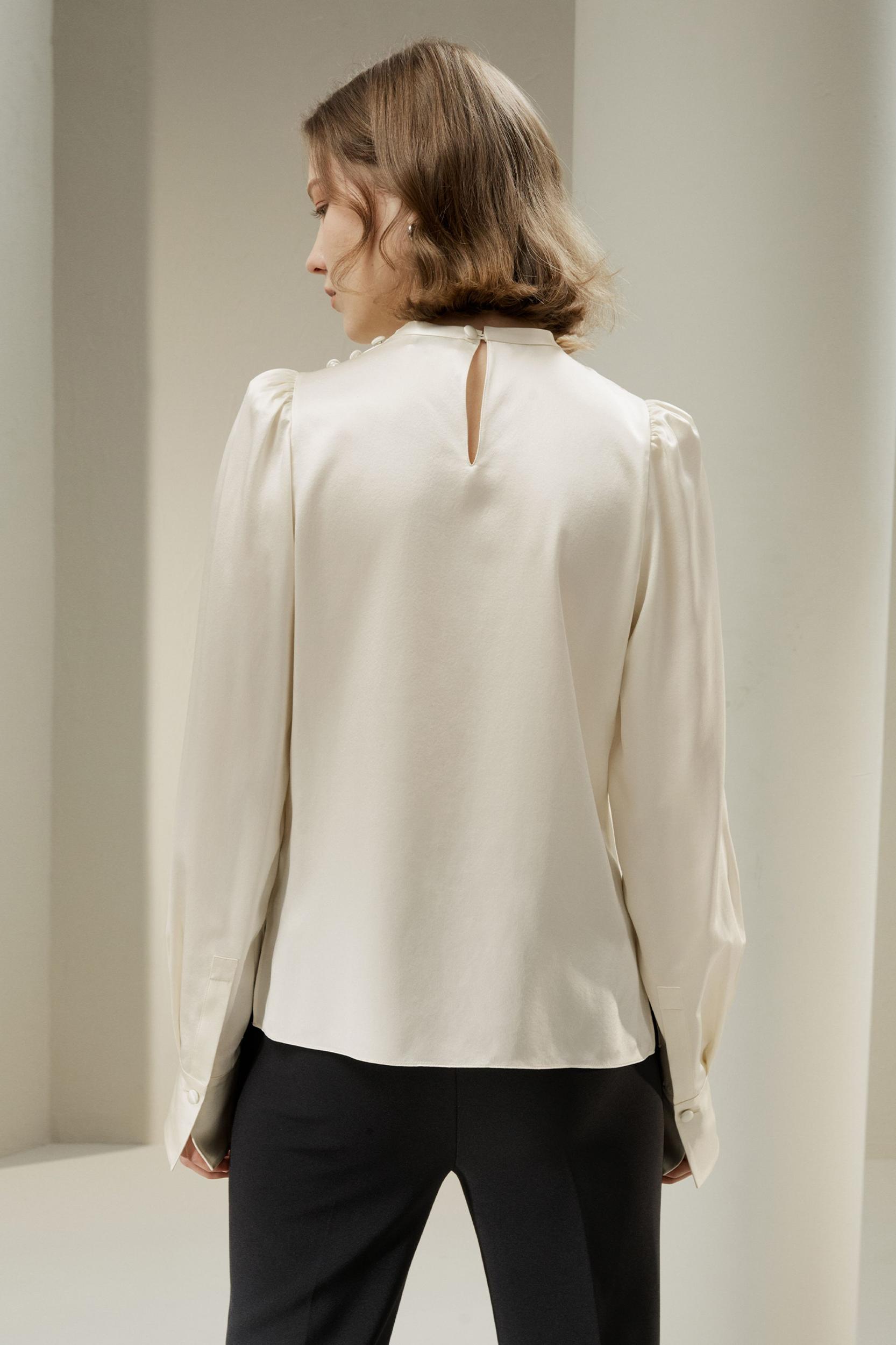 Asymmetrical Silk Blouse with Puff Sleeves Product Image