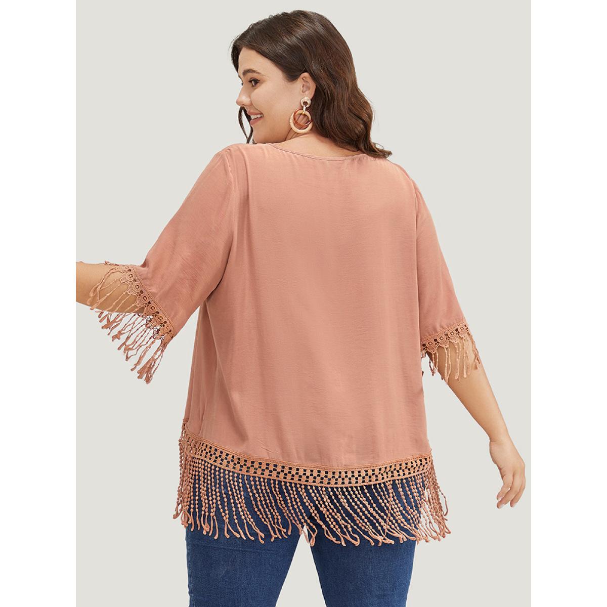 Plus Size Coral Plain Round Neck Asymmetrical Lace Fringe Hem Blouse Women Vacation Elbow-length sleeve Round Neck Dailywear Blouses BloomChic 12/L Product Image