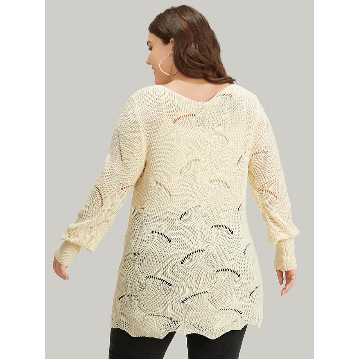 Plus Size Hollow Out Asymmetrical Hem Pullover Apricot Women Casual Loose Long Sleeve V-neck Dailywear Pullovers BloomChic 18-20/2X Product Image