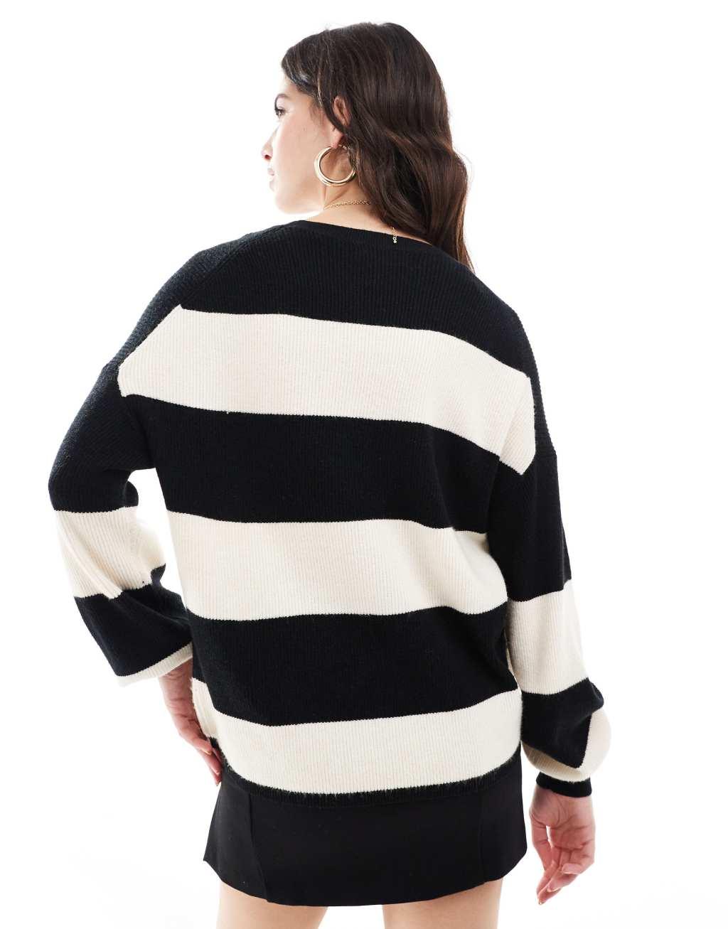 ONLY drop shoulder stripe sweater in black & white Product Image