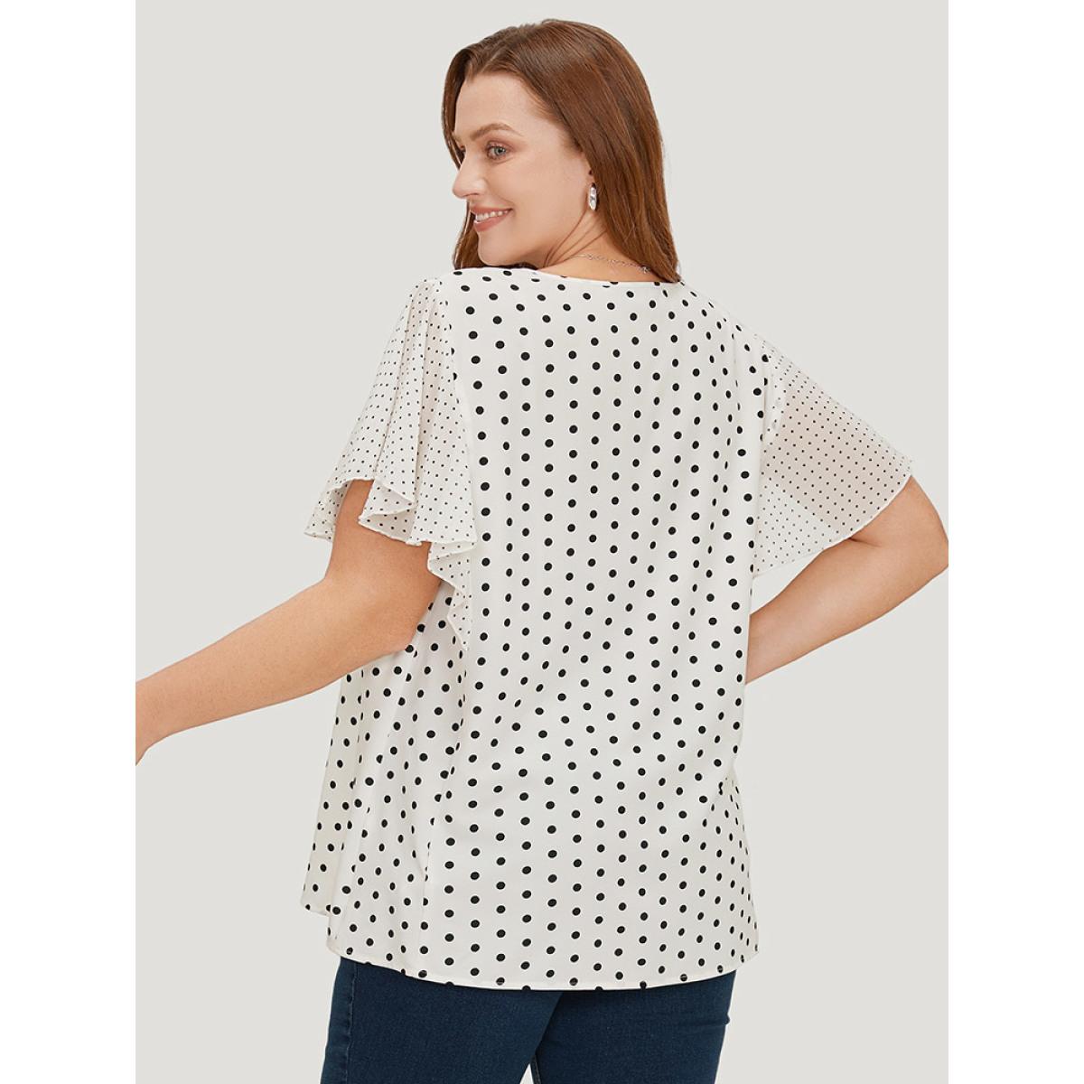 Plus Size White Polka Dot Patchwork Mesh Flutter Sleeve Blouse Women Office Short sleeve V-neck Office Blouses BloomChic 18-20/2X Product Image