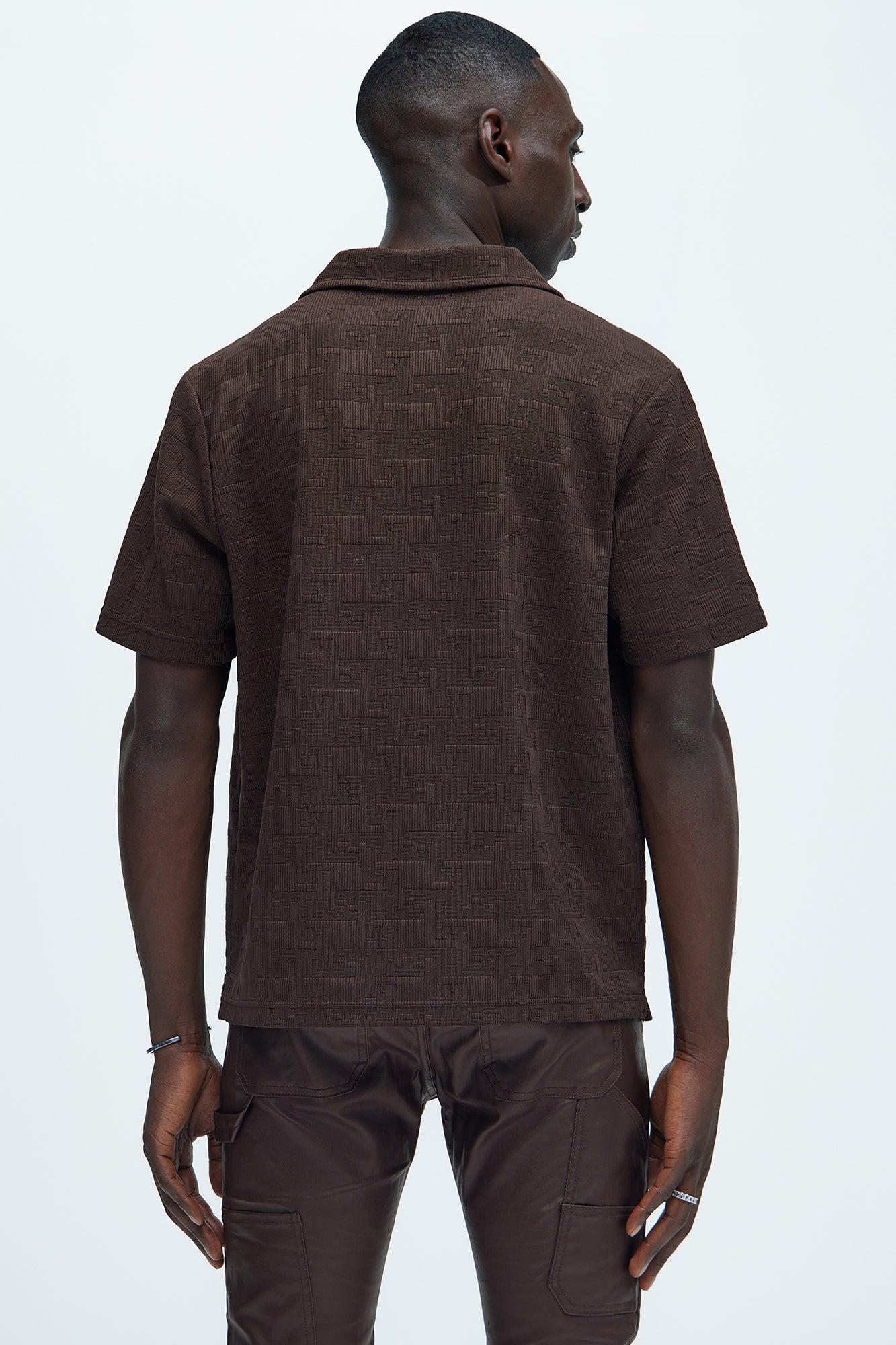 Ethel Textured Knit Johnny Collar Shirt - Brown Product Image