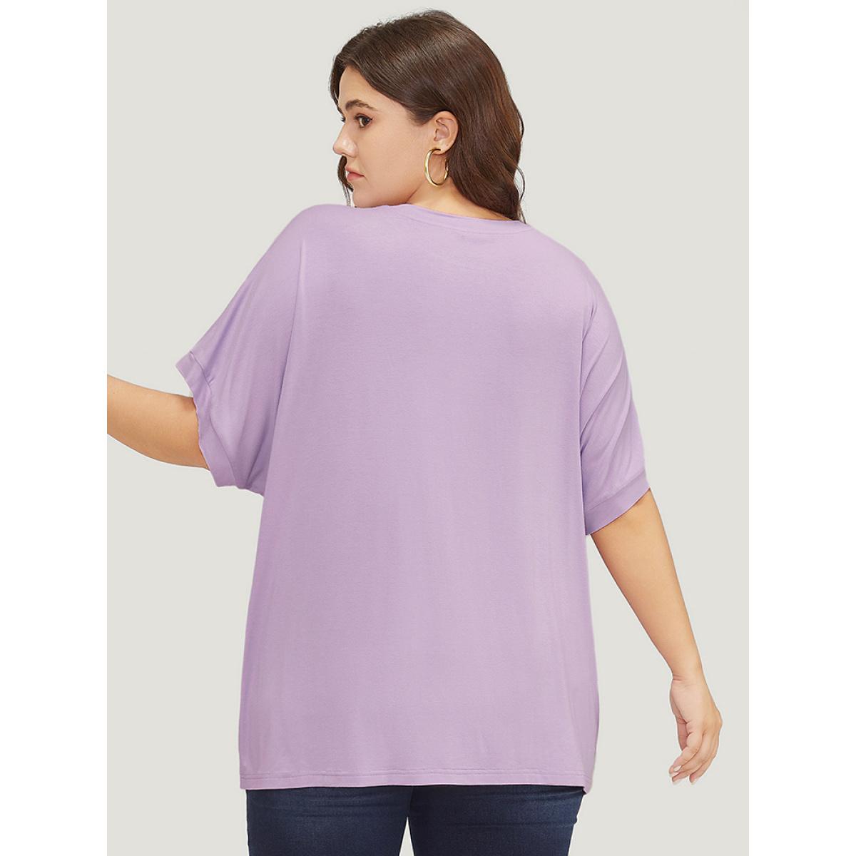 Plus Size Solid Batwing Sleeve Eyelet Lace T-shirt Lilac Women Elegant Lace Plain Round Neck Dailywear T-shirts BloomChic 22-24/3X Product Image
