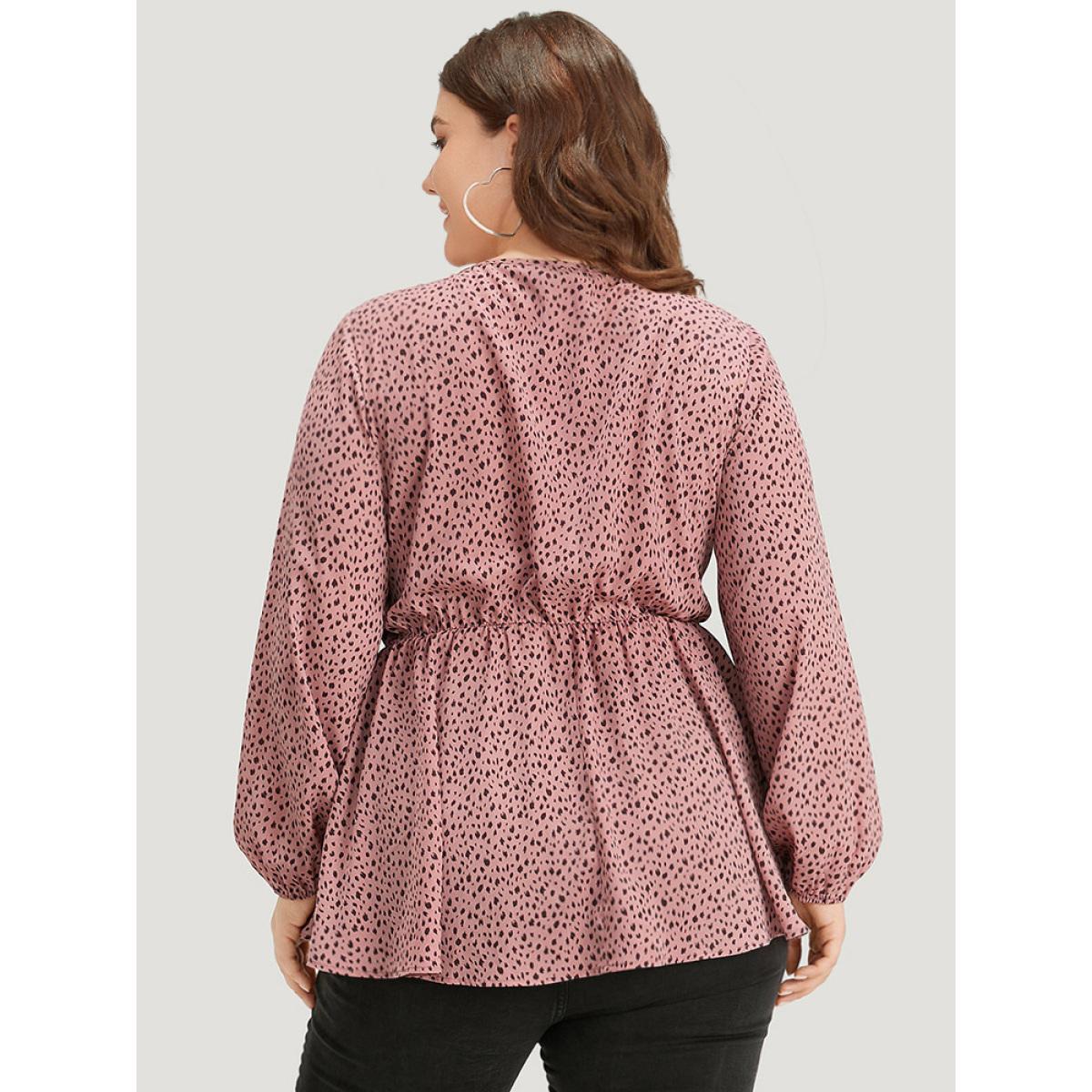 Plus Size Rouge Dot Print Twist Front Gathered V Neck Blouse Women Elegant Long Sleeve V-neck Everyday Blouses BloomChic 12/L Product Image