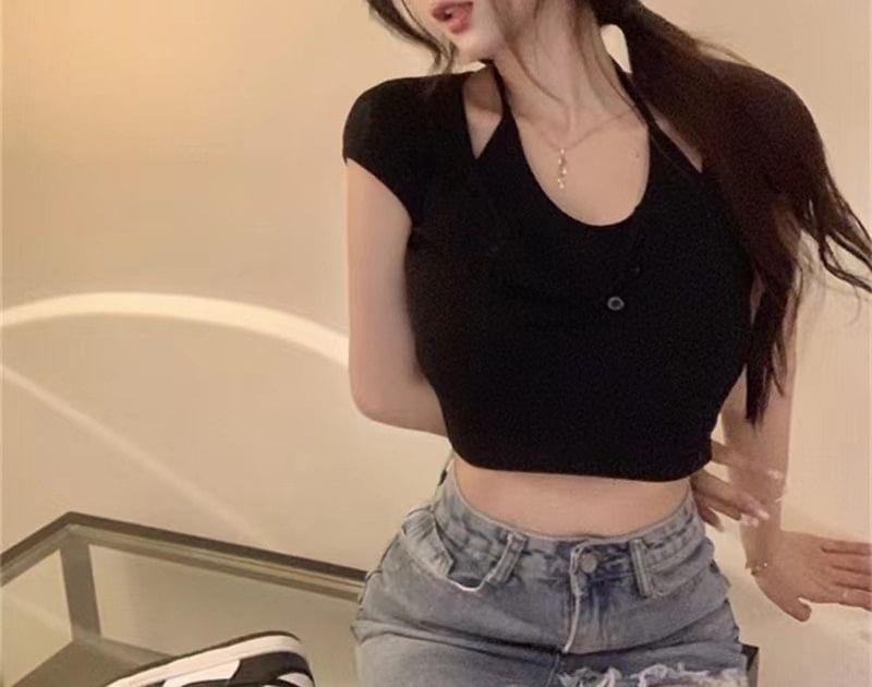 Short Sleeve Mock Two Piece Plain Slim-Fit Crop Top Product Image