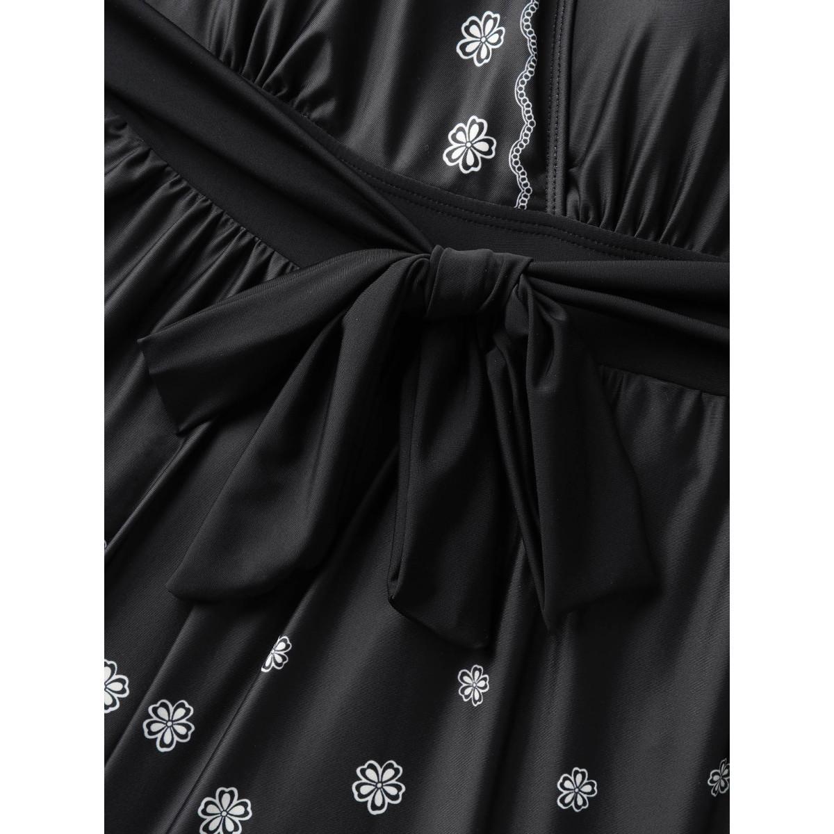 Plus Size Boho Print Pockets Belted One-Piece Swimsuit Women's Swimwear Black Resort Tie knot Curve Bathing Suits High stretch One Pieces BloomChic 30/6X Product Image