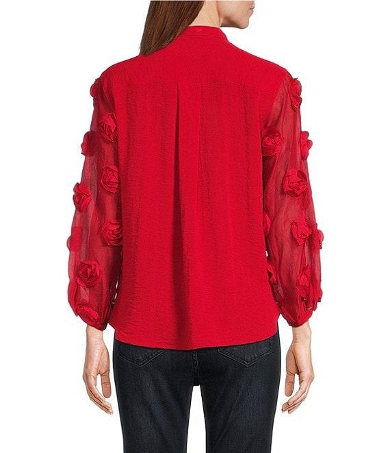 John Mark Petite Size Woven Wire Collar Sheer 3/4 3D Rosette Sleeve Button Front Blouse Product Image