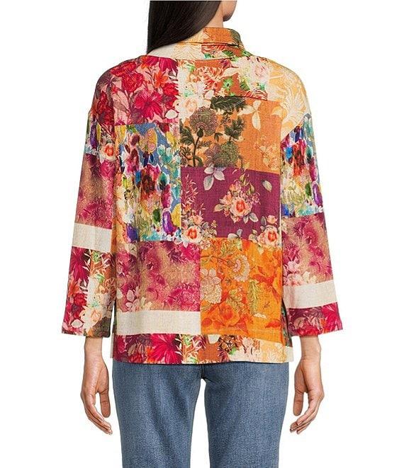 Tru Luxe Jeans Patchwork Floral Printed Mock Neck 3/4 Sleeve Top Product Image