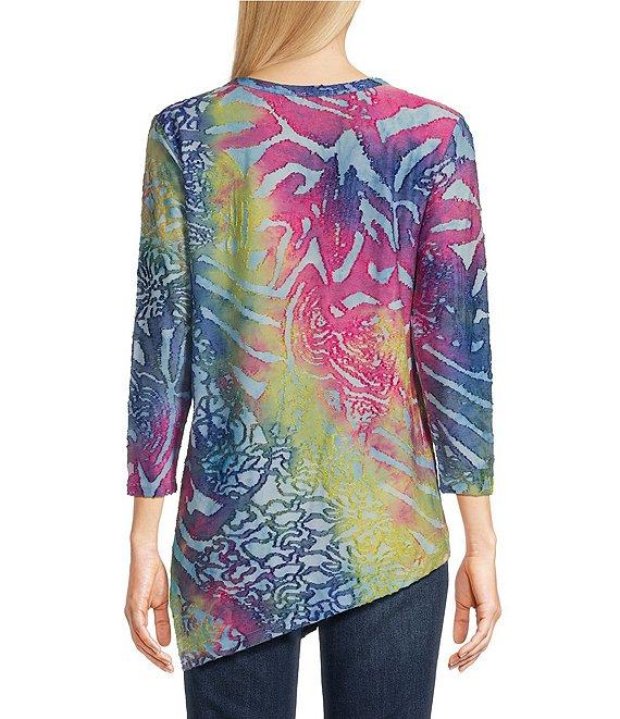 Calessa Burnout Tie Dye Crew Neck 3/4 Sleeve Tunic Product Image