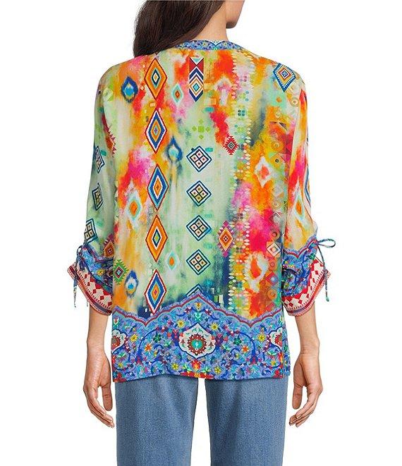 John Mark Embroidered Printed Split V-Neck 3/4 Cinched Sleeve Tassel Tie Front Tunic Product Image