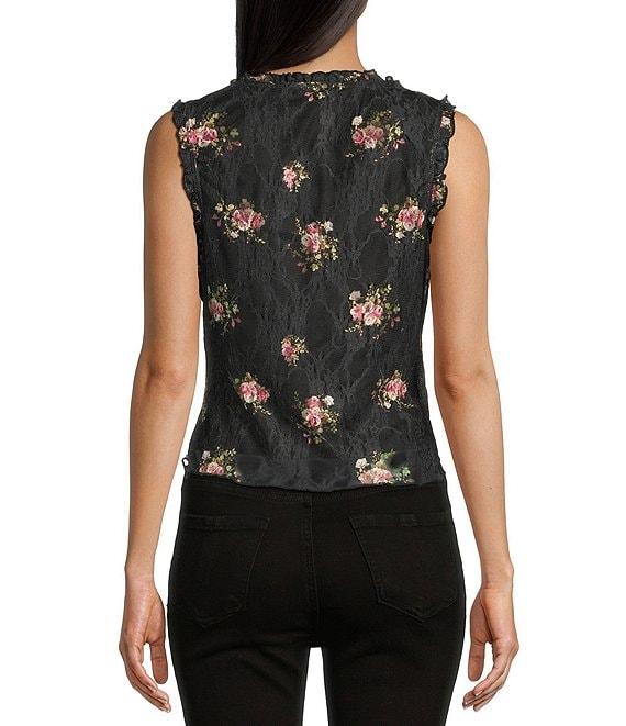 Honey & Sparkle Floral Print V-Neck Sleeveless Ruffle Edge Lined Lace Top Product Image