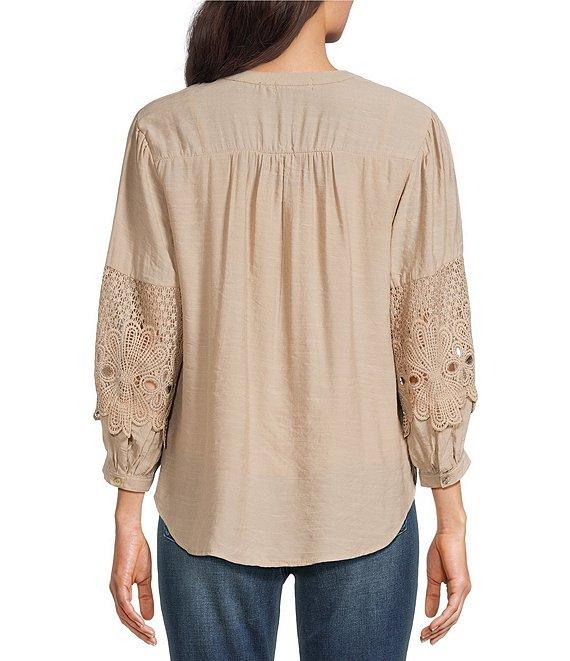 Figueroa & Flower Solid Woven Split V-Neck 3/4 Applique Sleeve Peasant Blouse Product Image