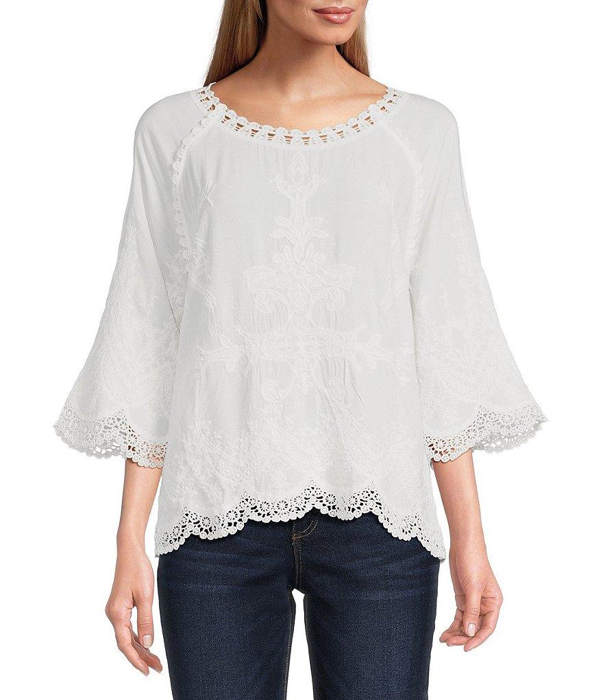 Leo & Nicole Woven Embroidered Scalloped Lace Trim Scoop Neck 3/4 Sleeve Top Product Image