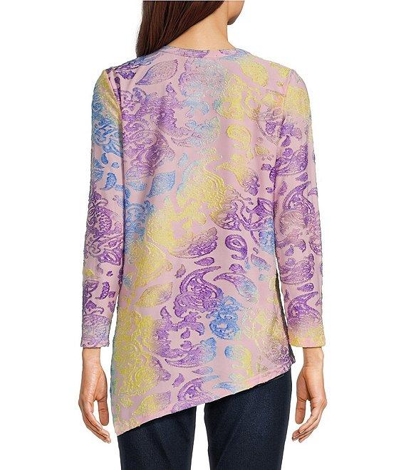Calessa Burnout Tie-Dye Crew Neck 3/4 Sleeve Asymmetrical Hem Tunic Product Image