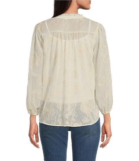 Figueroa & Flower Petite Size Embriordered Ruffle Split-V-Neck Long Sleeve Button-Front Top Product Image