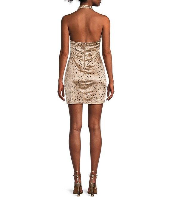 B. Darlin V-Neck Halter Heavy Knit Satin Allover Printed Stones Bodycon Dress Product Image