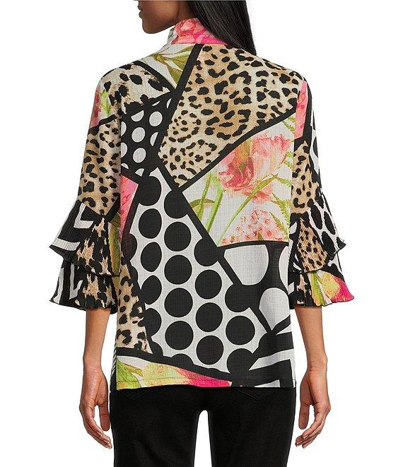 Multiples Petite Size Textured Multi Print Wire Collar 3/4 Sleeve Fitted Button Front Jacket Product Image