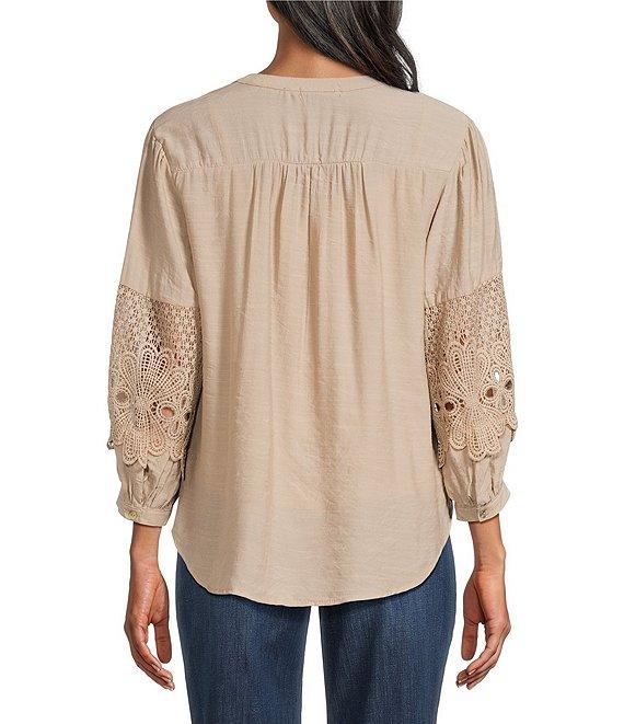 Figueroa & Flower Solid Woven Split V-Neck 3/4 Applique Sleeve Peasant Blouse Product Image