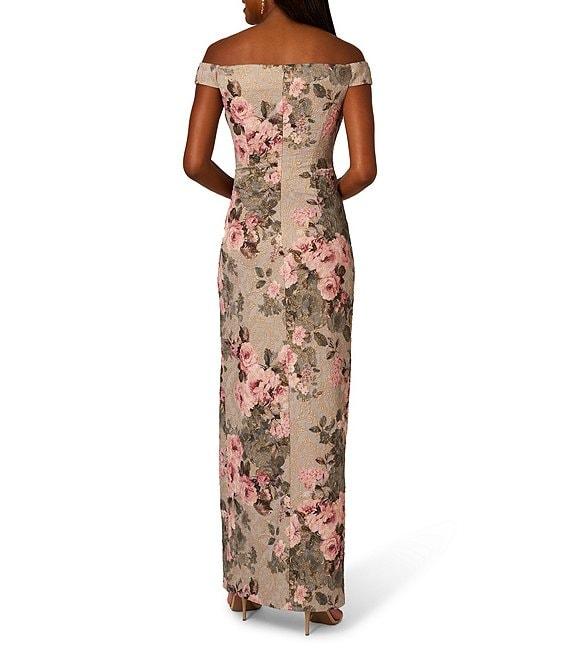 Adrianna Papell Floral Jacquard Off-The-Shoulder Cap Sleeve Front Slit Hem Column Dress Product Image
