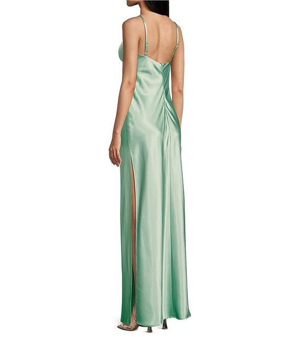 Morgan & Co. Sleeveless Spaghetti Strap Satin Rhinestone Trim Dress Product Image