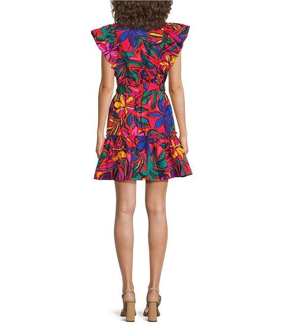 Sugarlips Rainbow Tropics Floral Printed Poplin Split V-Neck Short Ruffle Cap Sleeve Mini Dress Product Image
