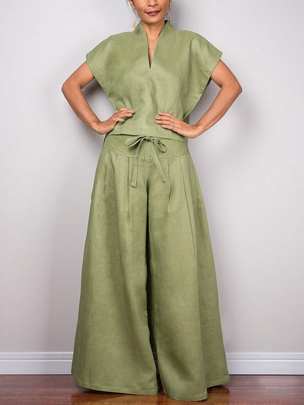 High Waisted Loose Drawstring Pleated Solid Color Split-Joint Pants Trousers Product Image