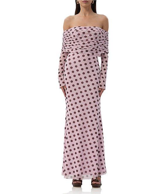 AFRM Thelma Dot Print Off-The-Shoulder Long Sleeve Mesh Maxi Dress Product Image