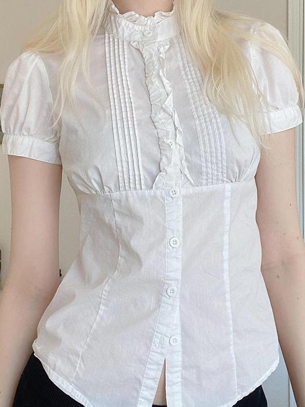 Ruffled Wooden Earring Short Sleeves Shirts Product Image