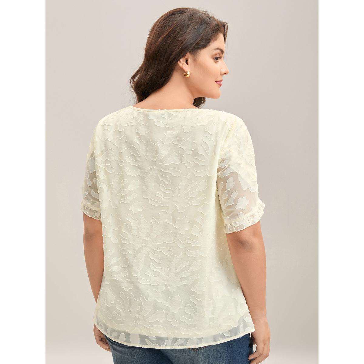 Plus Size Ivory Chiffon Floral Textured Ruffled Blouse Women Elegant Short sleeve Round Neck Everyday-Elegant Blouses BloomChic 30/6X Product Image