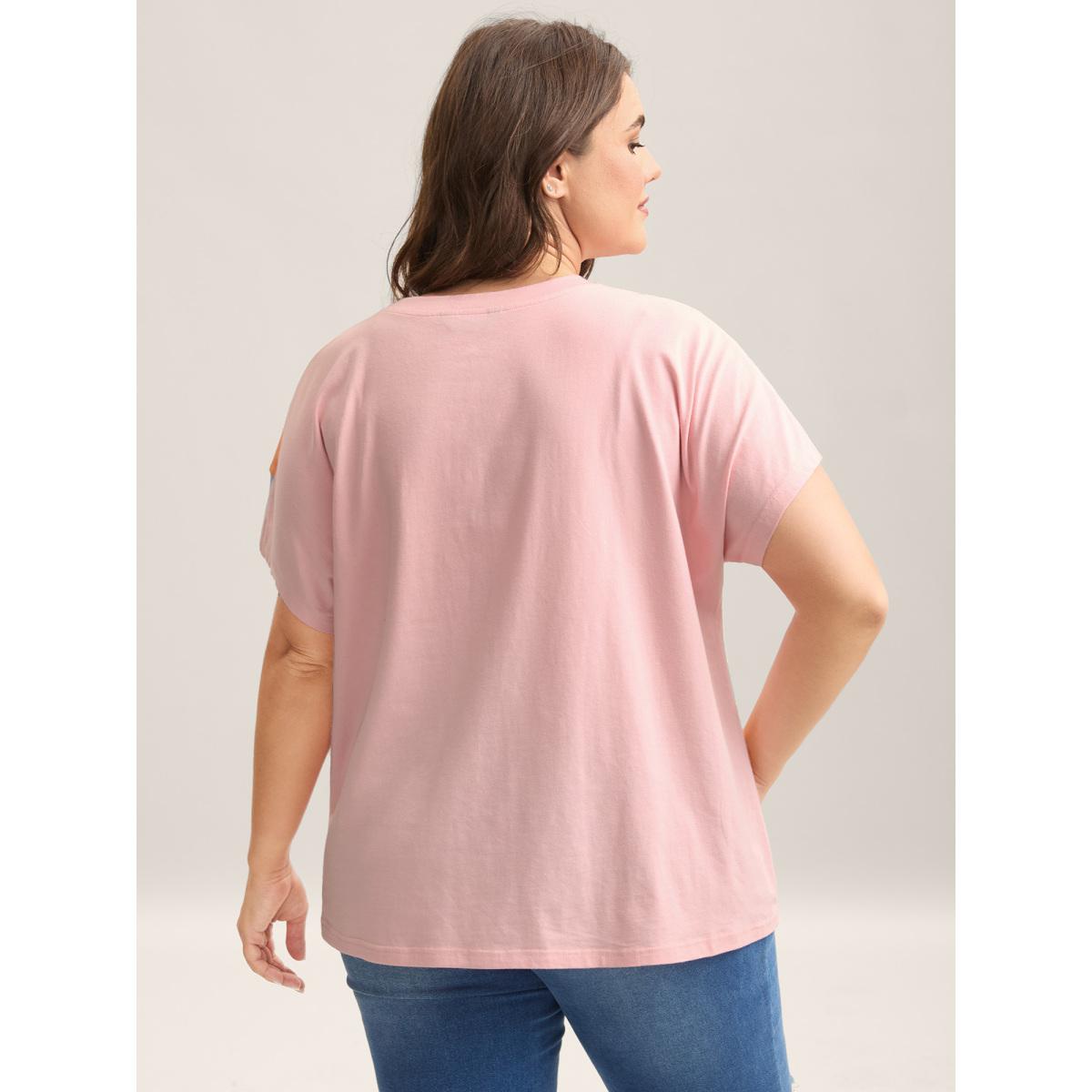 Plus Size Pure Cotton Colorful Stripes T-Shirt Multicolor Women Contrast Round Neck Everyday-Casual T-shirts BloomChic 12/L Product Image