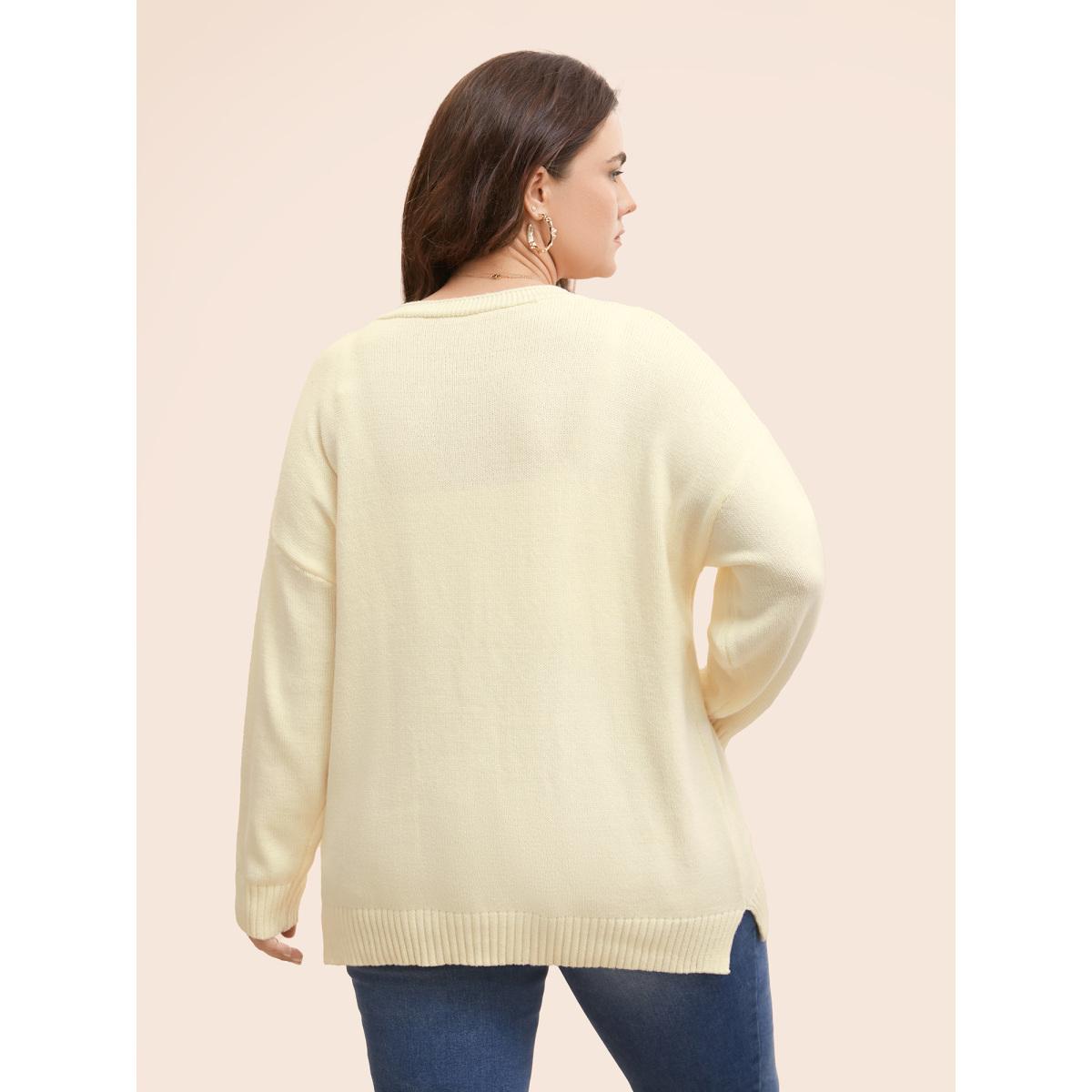 Plus Size Contrast Crochet Floral Patch Pocket Cardigan Beige Women Casual Loose Long Sleeve Everyday Cardigans BloomChic 12/L Product Image