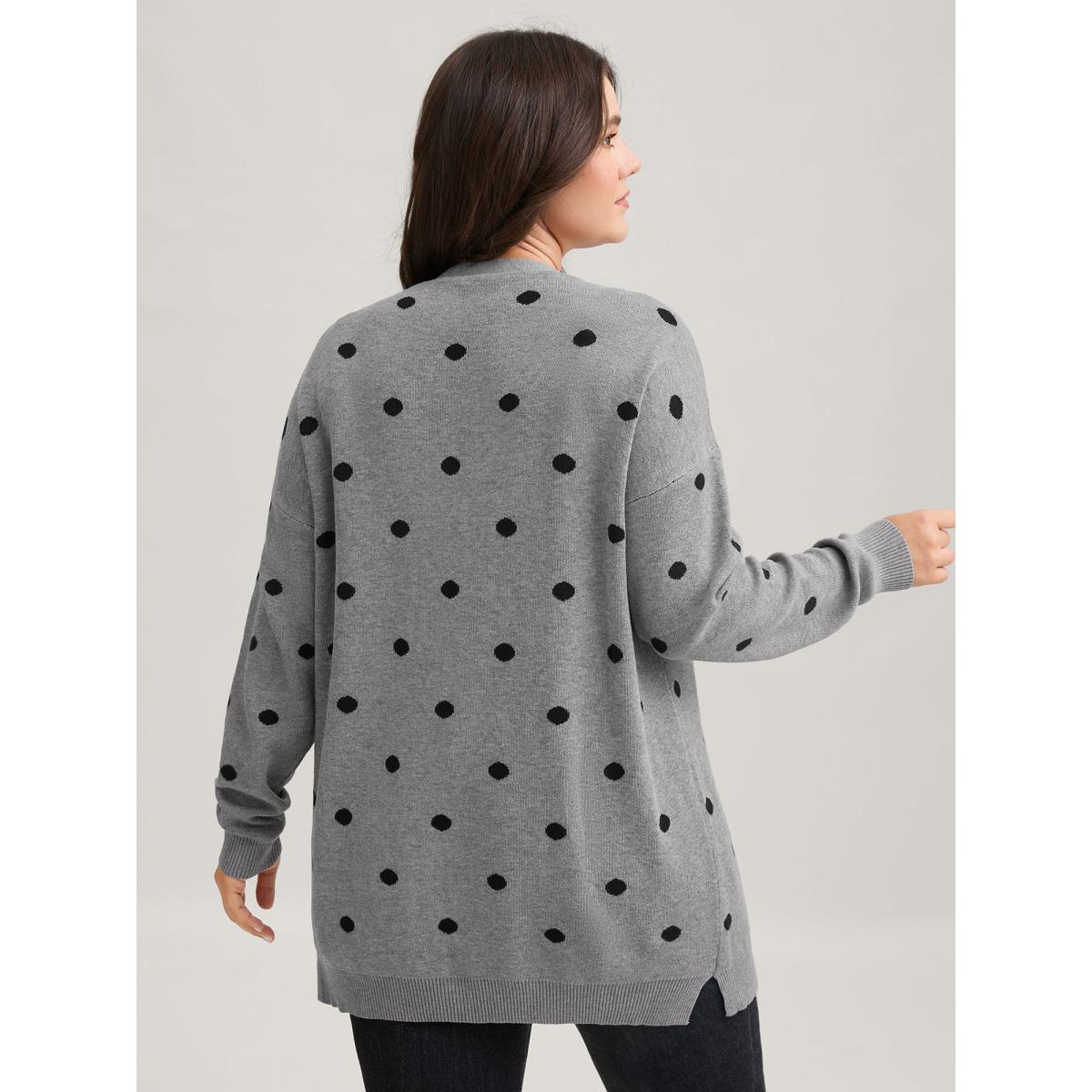 Plus Size Polka Dot Kimono Collar Patch Pocket Cardigan Mediumgray Women Leisure Loose Long Sleeve Casual Cardigans BloomChic 22-24/3X Product Image
