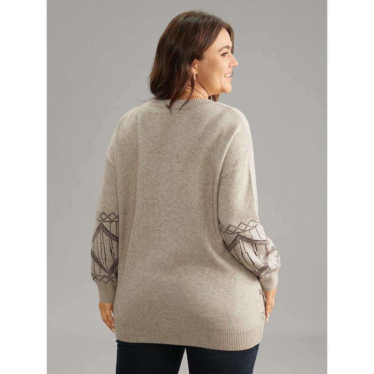 Plus Size Supersoft Essentials Geometric Graphic V Neck Pullover LightBrown Women Casual Loose Long Sleeve V-neck Dailywear Pullovers BloomChic 14-16/1X Product Image