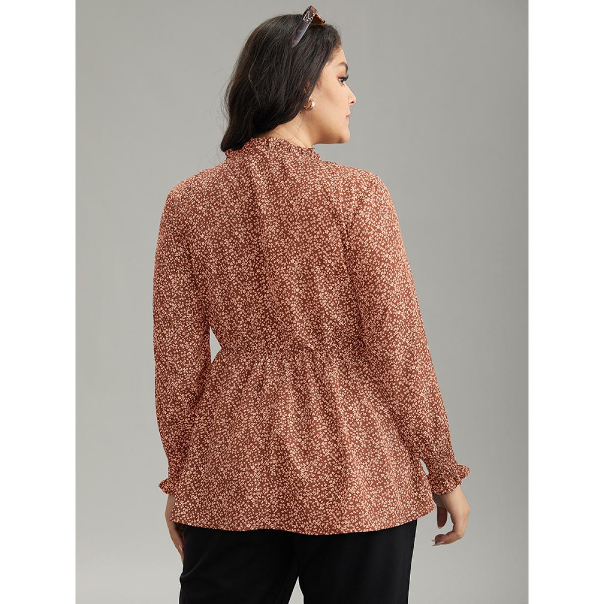 Plus Size Rust Ditsy Floral Stand Collar Shirred Frill Trim Blouse Women Elegant Long Sleeve Stand-up collar Dailywear Blouses BloomChic 12/L Product Image