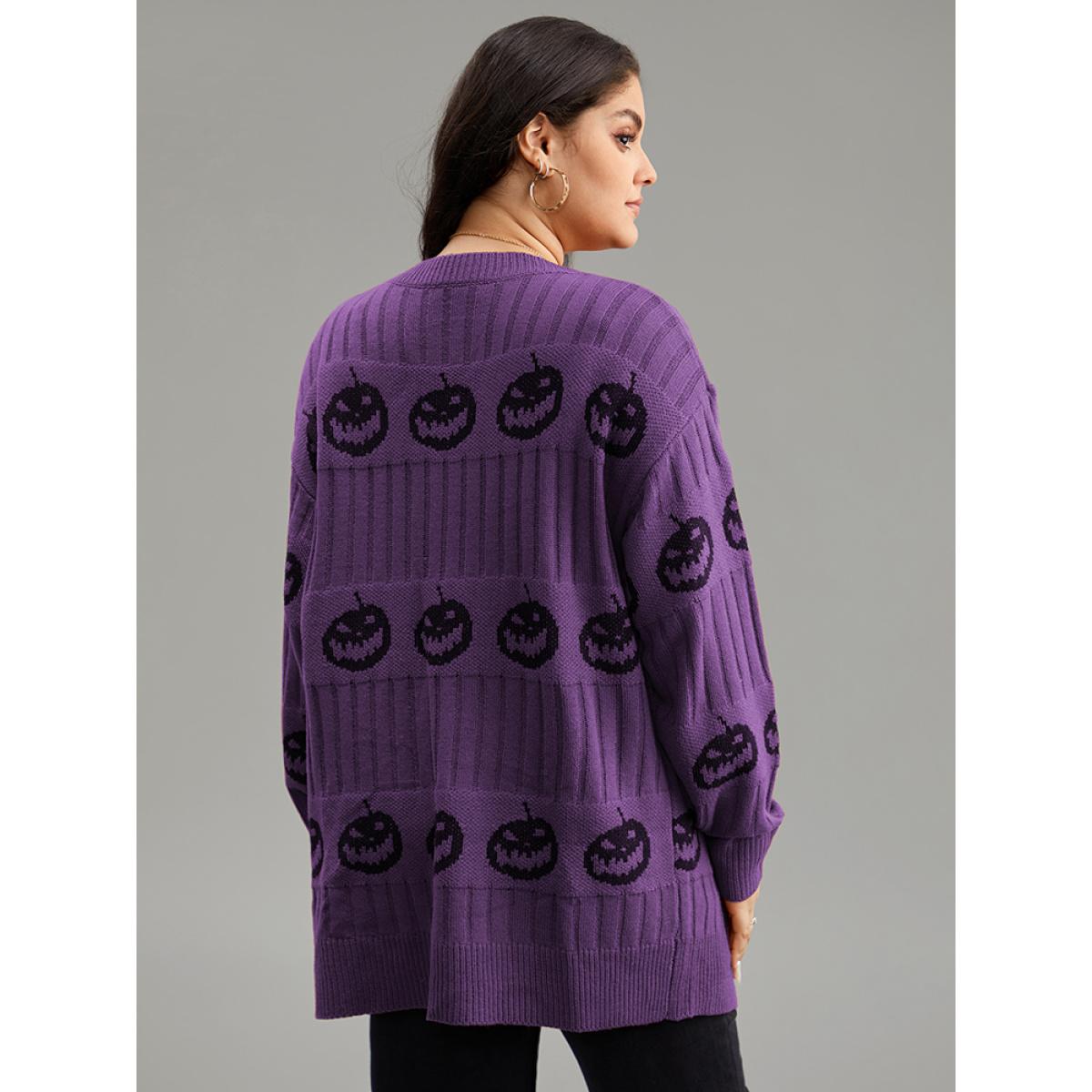 Plus Size Halloween Pumpkin Graphic Open Front Cardigan Purple Women Casual Loose Long Sleeve Festival-Halloween Cardigans BloomChic 28/5X Product Image