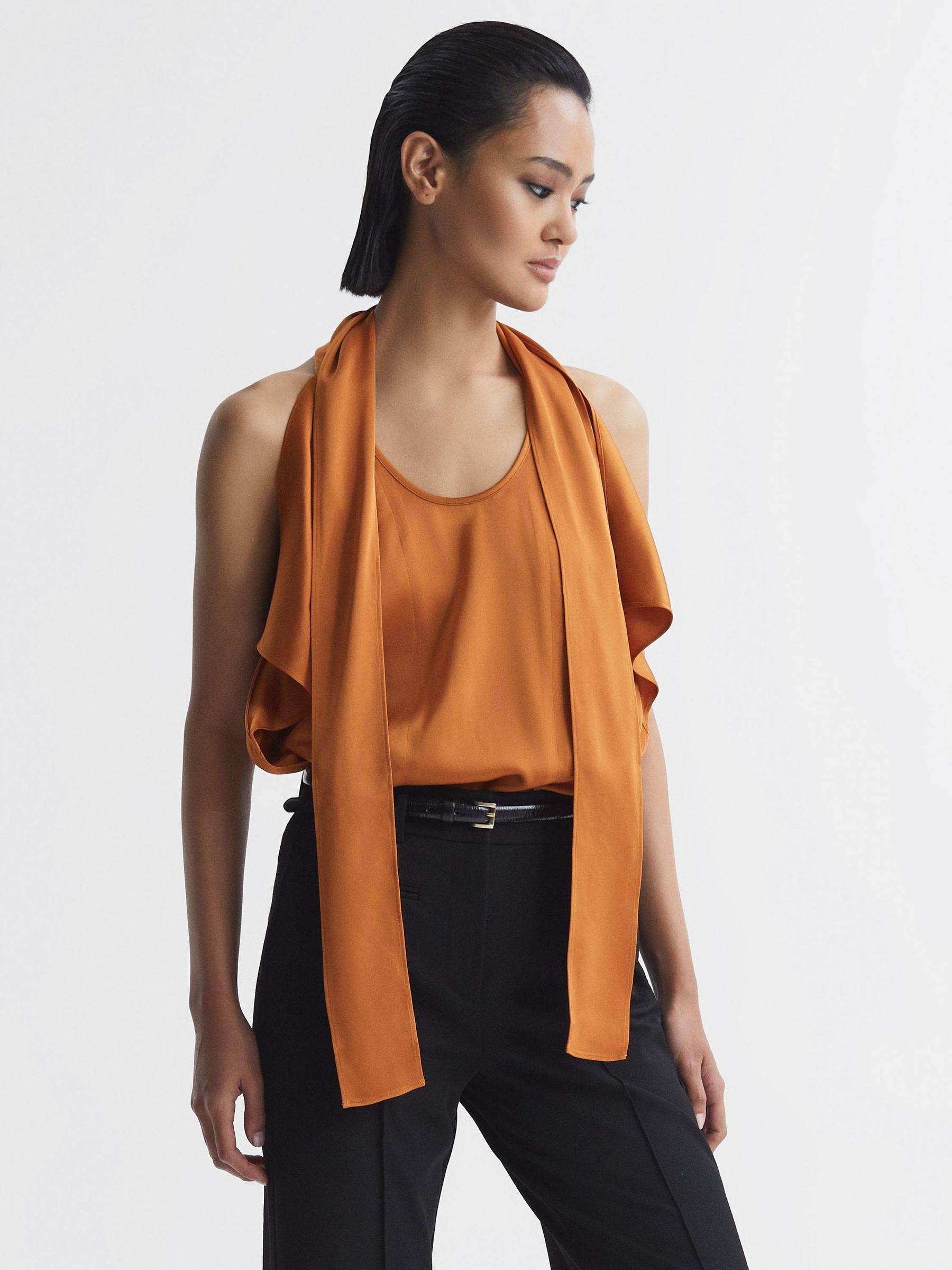 Tie Neck Draped Satin Blouse in Rust Product Image