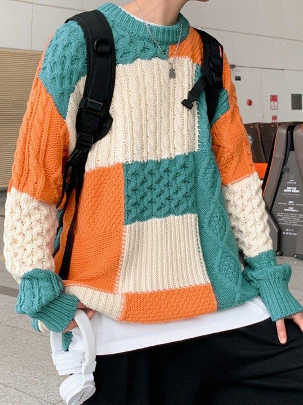Men's Color Block Cable Knit Sweater Product Image