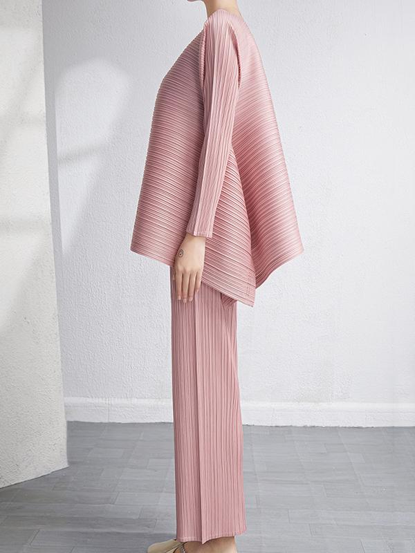 Loose Pleated Solid Color High-Low Round-Neck T-Shirts  + Pants Two Pieces Set Product Image