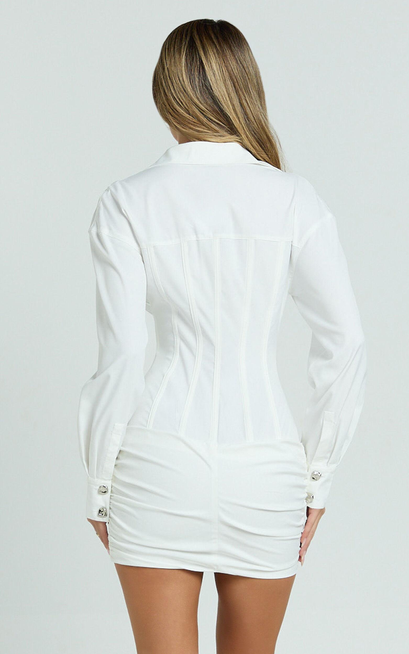Rhylee Mini Dress - Collared Button Front Bodycon Shirt Dress in White Product Image