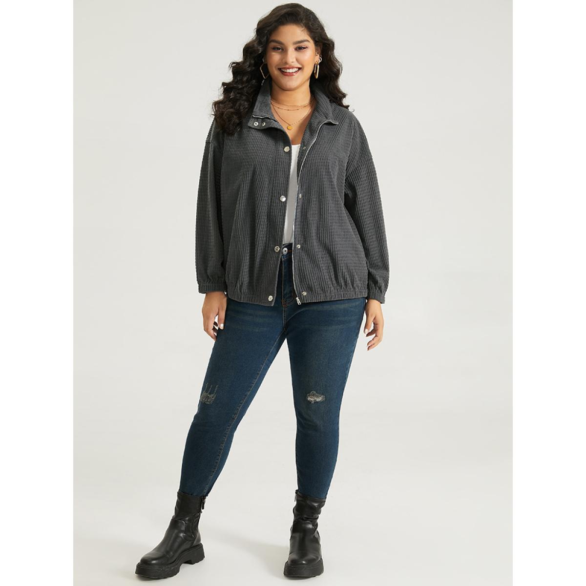 Plus Size Solid Texture Button Through Pocket Shacket Women Gray Elastic cuffs Pocket Everyday Jackets BloomChic 26/4X Product Image