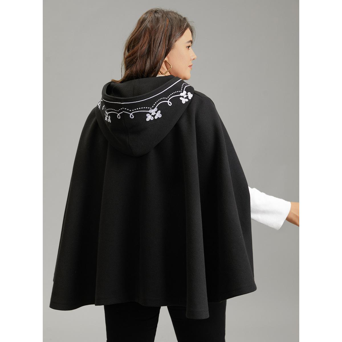 Plus Size Floral Embroidered Hooded Cape Kimono Women Black Casual Lined Loose Dailywear Kimonos BloomChic 26/4X Product Image