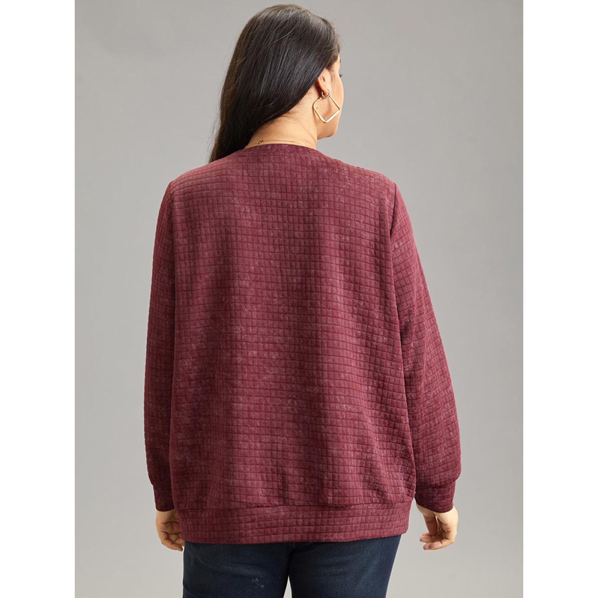 Plus Size Plain Textured Notched Button Detail Sweatshirt Women Burgundy Casual Texture Notched collar Dailywear Sweatshirts BloomChic 18-20/2X Product Image