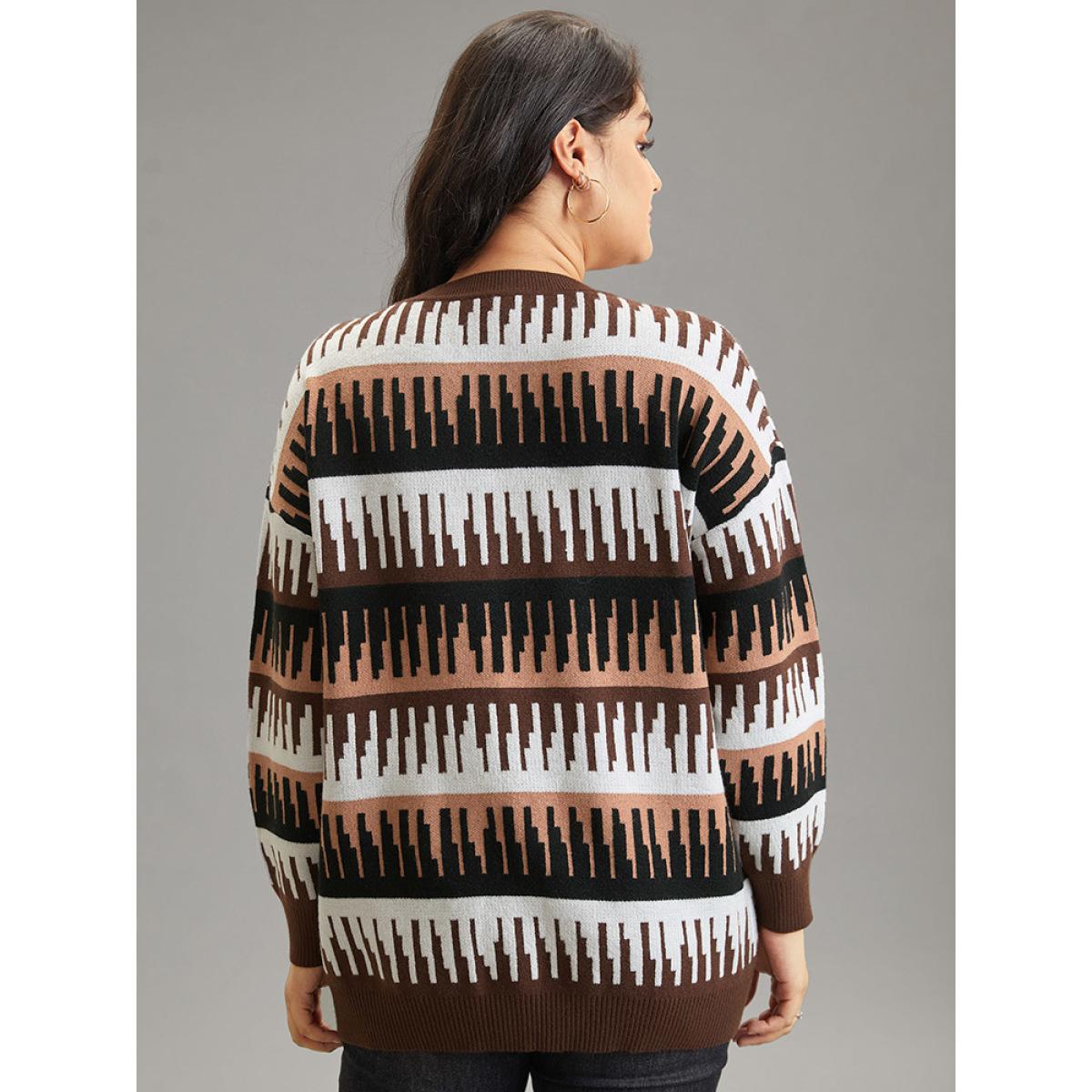 Plus Size Supersoft Essentials Colorblock Geo Elastic Cuffs Pullover DarkBrown Women Casual Loose Long Sleeve Round Neck Dailywear Pullovers BloomChic 28/5X Product Image