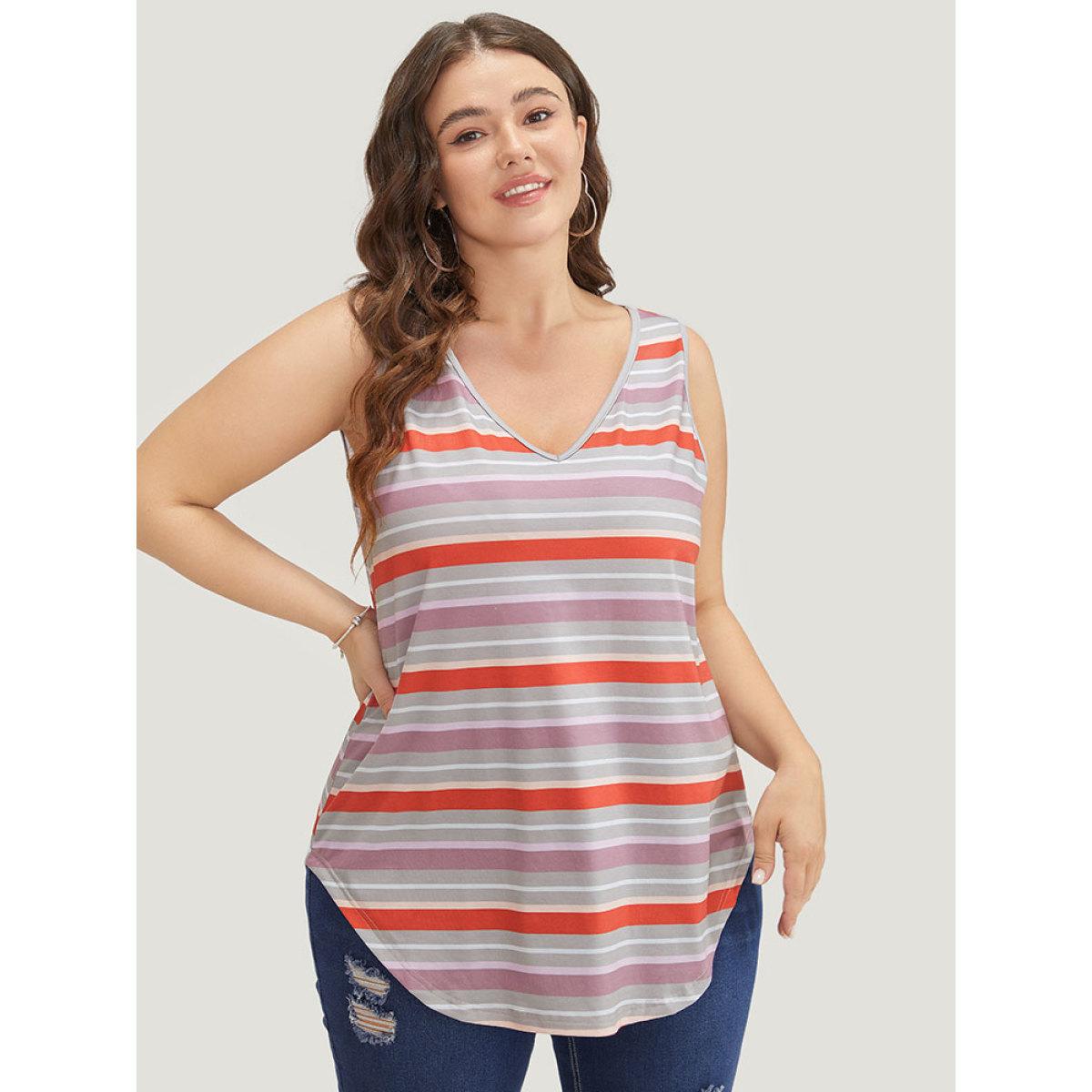 Plus Size Striped Contrast V Neck Arc Hem Tank Top Women Multicolor Casual Contrast V-neck Dailywear Tank Tops Camis BloomChic 28/5X Product Image