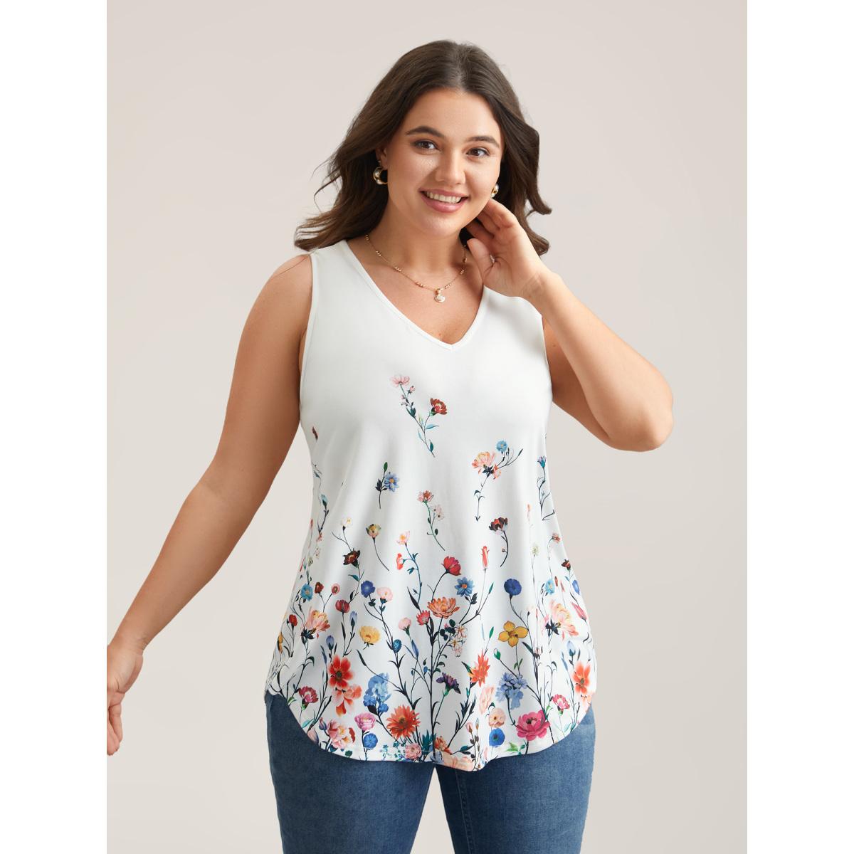 Plus Size Blooming Flowers Print Stretchy Vest Women WhiteSmoke Timeless Non V-neck Elegant Tank Tops Camis BloomChic 18-20/2X Product Image