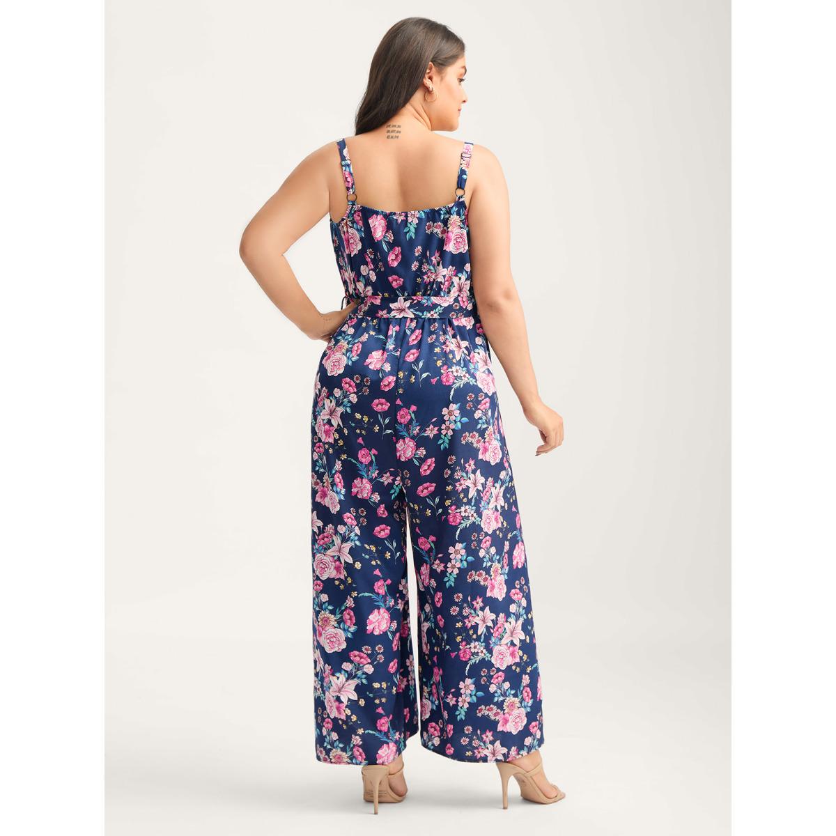 Plus Size Indigo Rosy Print Belted Pockets Jumpsuit Women Sleeveless Non Elegant Loose Jumpsuits BloomChic 12/L Product Image